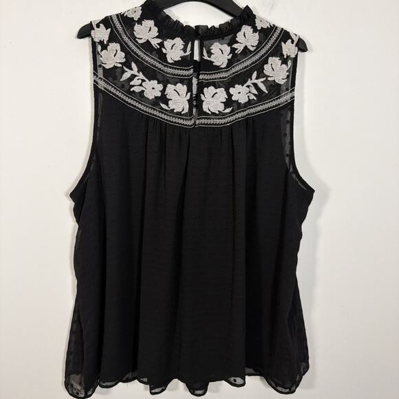 Torrid Clip Dot Embroidered Tank Chiffon Black Plus 26‎ Ruffle Neck Sleeveless - Picture 7 of 8